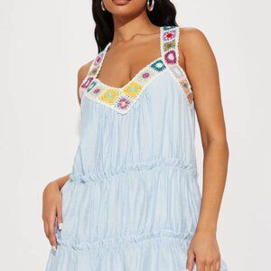 Fashion Nova Light Blue Crochet Trim Mini Dress